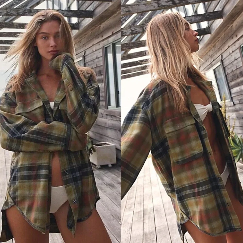 WE THE FREE Izzy Oversized Green Plaid Button Down Shirt Shacket NEW - Picture 2 of 4